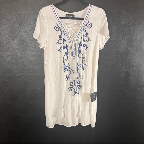 Lulus Dresses & Skirts - Lulus Down In Kokomo White And Blue Embroidered Lace Up Dress Size Medium